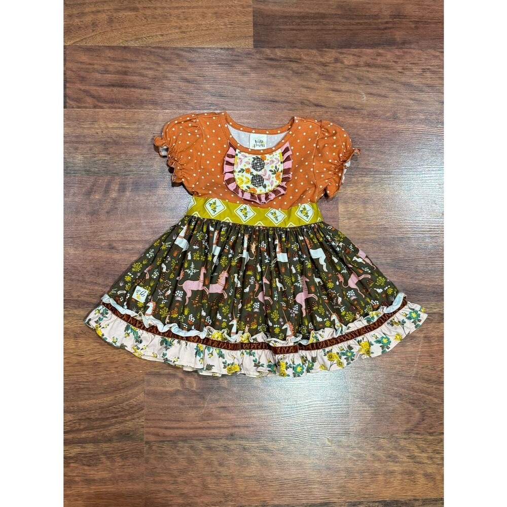 Wild Flowers - Dress with Unicorns and Ruffles in Orange, Brown, and Pink